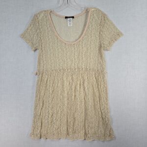 Y2K Deb Lace Babydoll Top Cream Sheer Shimmer Empire Waist Size L